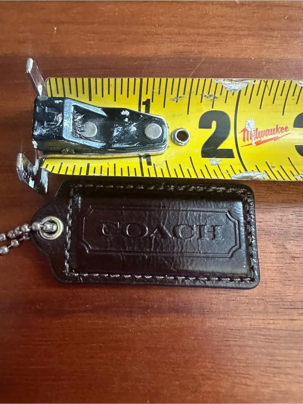 2”COACH Dark Brown Leather Key Tag with Silver Ball Chain